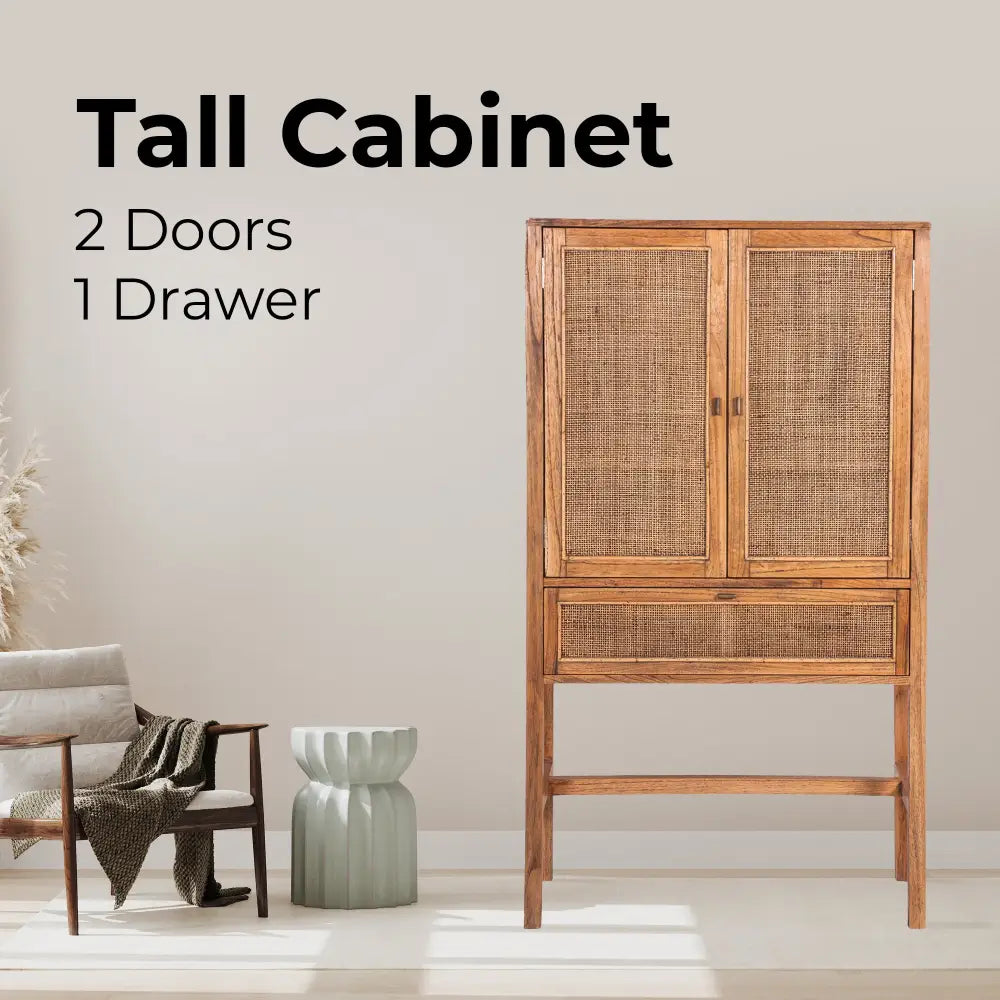 Jasmine Tall Storage Cabinet 90cm 2 Door 1 Drawer Mindi Wood Rattan - Brown - Furniture > Living Room