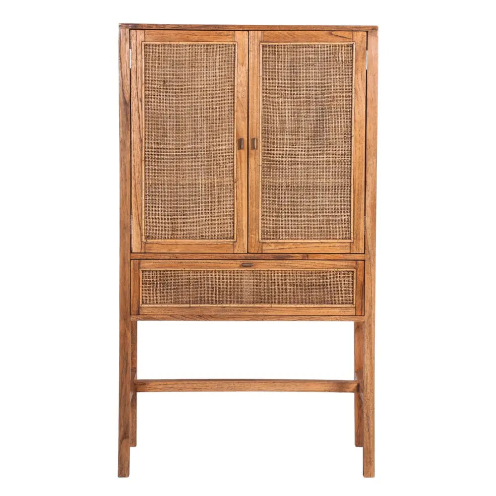 Jasmine Tall Storage Cabinet 90cm 2 Door 1 Drawer Mindi Wood Rattan - Brown - Furniture > Living Room