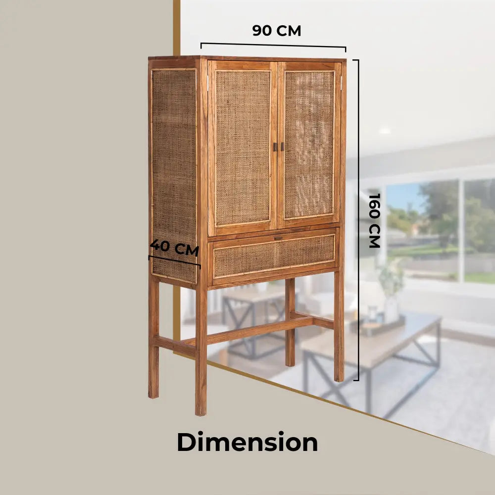Jasmine Tall Storage Cabinet 90cm 2 Door 1 Drawer Mindi Wood Rattan - Brown - Furniture > Living Room