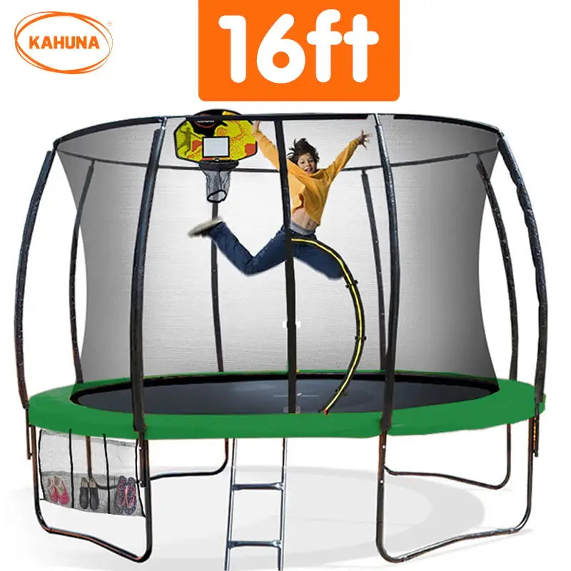 Kahuna 16ft Outdoor Trampoline Kids Children With Safety Enclosure Pad Mat Ladder Basketball Hoop Set - Green - Baby &