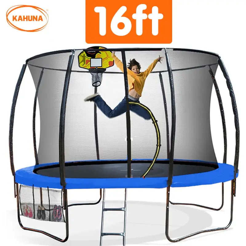 Kahuna 16ft Outdoor Trampoline Kids Children With Safety Enclosure Pad Mat Ladder Basketball Hoop Set - Blue - Baby &