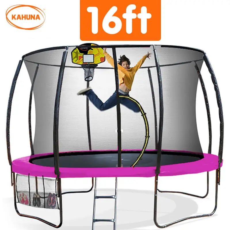 Kahuna 16ft Outdoor Trampoline Kids Children With Safety Enclosure Pad Mat Ladder Basketball Hoop Set - Pink - Baby &
