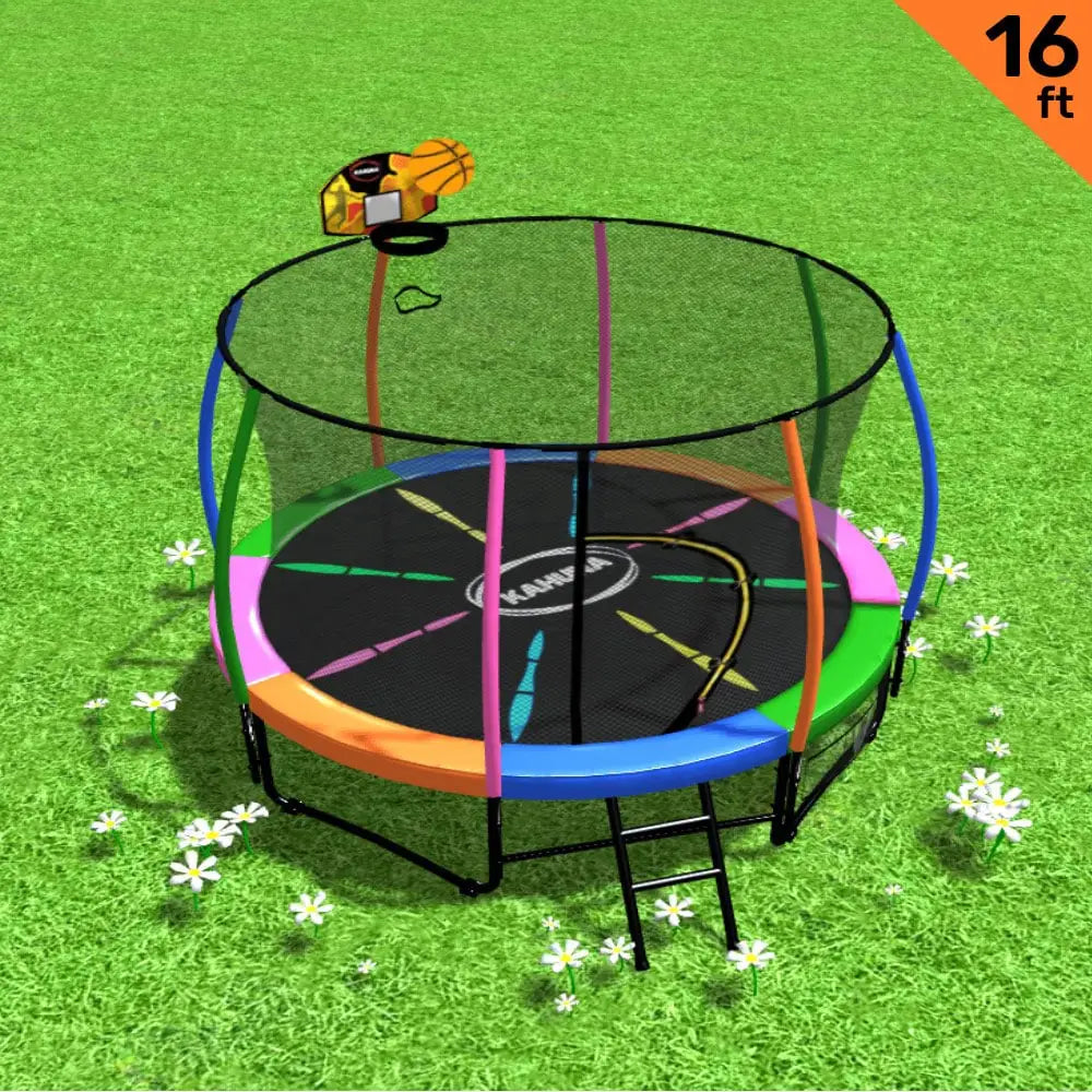 Kahuna 16ft Outdoor Trampoline Kids Children With Safety Enclosure Pad Mat Ladder Basketball Hoop Set - Rainbow - Baby