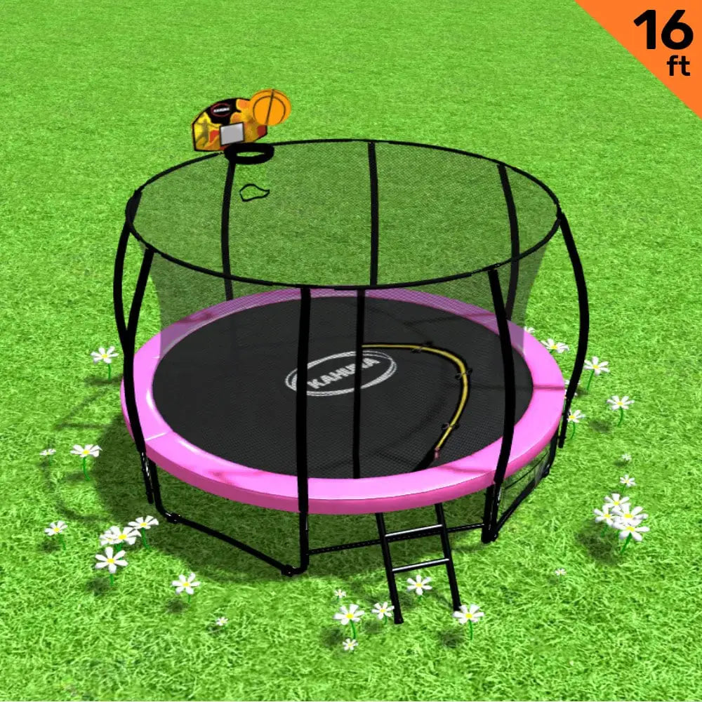 Kahuna 16ft Outdoor Trampoline Kids Children With Safety Enclosure Pad Mat Ladder Basketball Hoop Set - Pink - Baby &