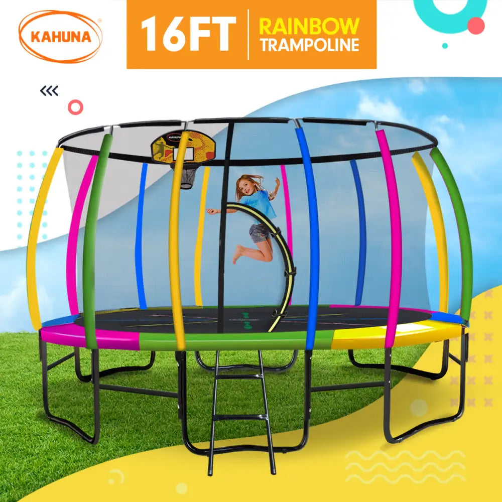 Kahuna 16ft Outdoor Trampoline Kids Children With Safety Enclosure Pad Mat Ladder Basketball Hoop Set - Rainbow - Baby