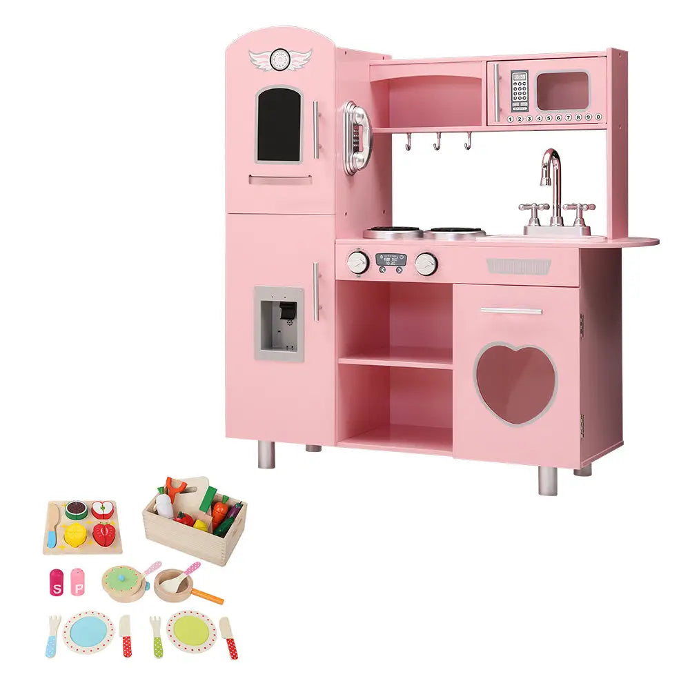 Keezi Kids Kitchen Play Set Wooden Pretend Toys Cooking Children Food Pink - Baby & Kids > Kid’s Furniture