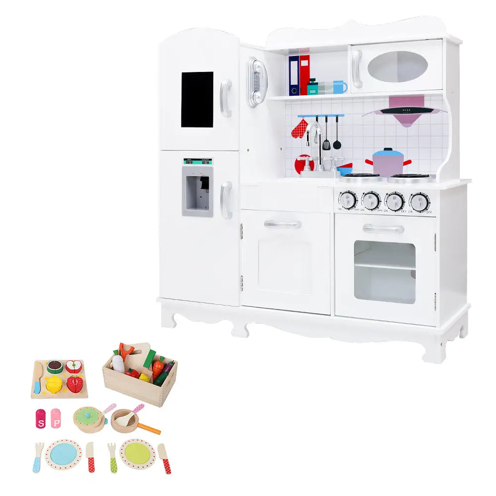 Keezi Kids Kitchen Play Set Wooden Pretend Toys Cooking Children Food White - Baby & Kids > Kid’s Furniture