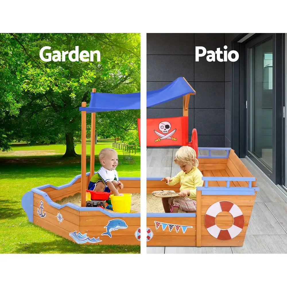 Keezi Kids Sandpit Wooden Boat Sand Pit with Canopy Bench Seat Beach Toys 165cm - Baby & Kids > Baby & Kid’s Toys >