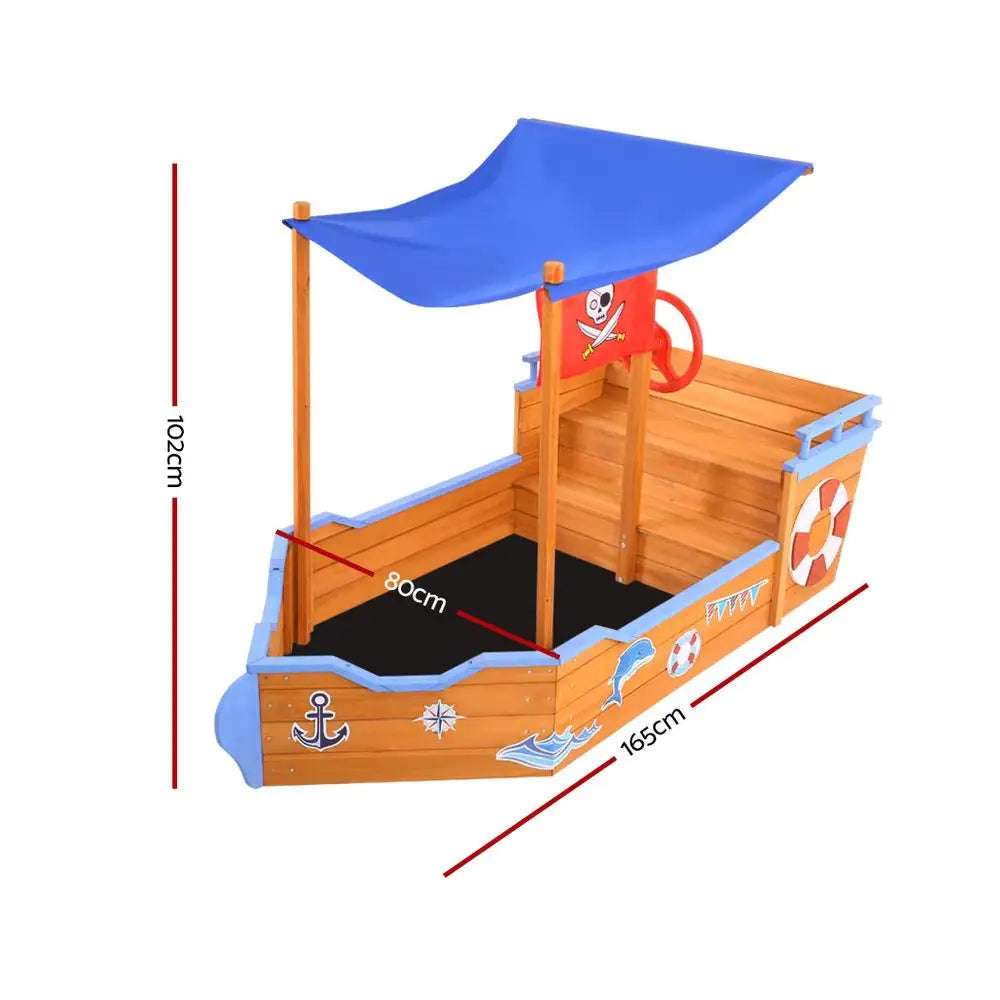Keezi Kids Sandpit Wooden Boat Sand Pit with Canopy Bench Seat Beach Toys 165cm - Baby & Kids > Baby & Kid’s Toys >
