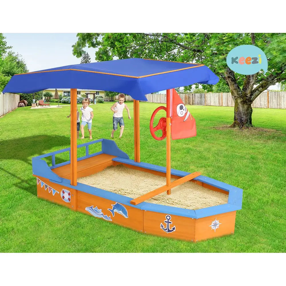 Keezi Kids Sandpit Wooden Boat Sand Pit with Canopy Bench Seat Beach Toys 150cm - Baby & Kids > Baby & Kid’s Toys >