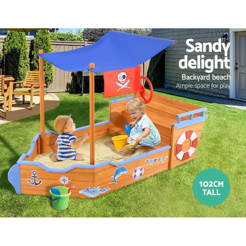 Keezi Kids Sandpit Wooden Boat Sand Pit with Canopy Bench Seat Beach Toys 165cm - Baby & Kids > Baby & Kid’s Toys >