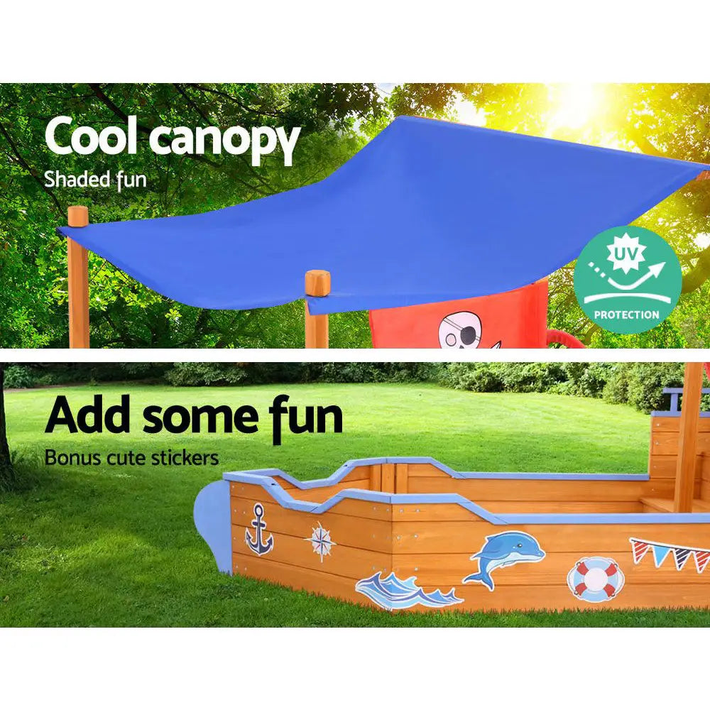 Keezi Kids Sandpit Wooden Boat Sand Pit with Canopy Bench Seat Beach Toys 165cm - Baby & Kids > Baby & Kid’s Toys >