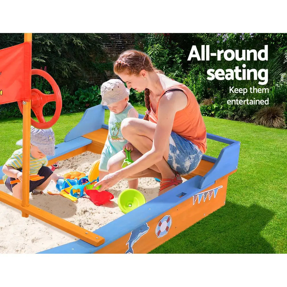 Keezi Kids Sandpit Wooden Boat Sand Pit with Canopy Bench Seat Beach Toys 150cm - Baby & Kids > Baby & Kid’s Toys >