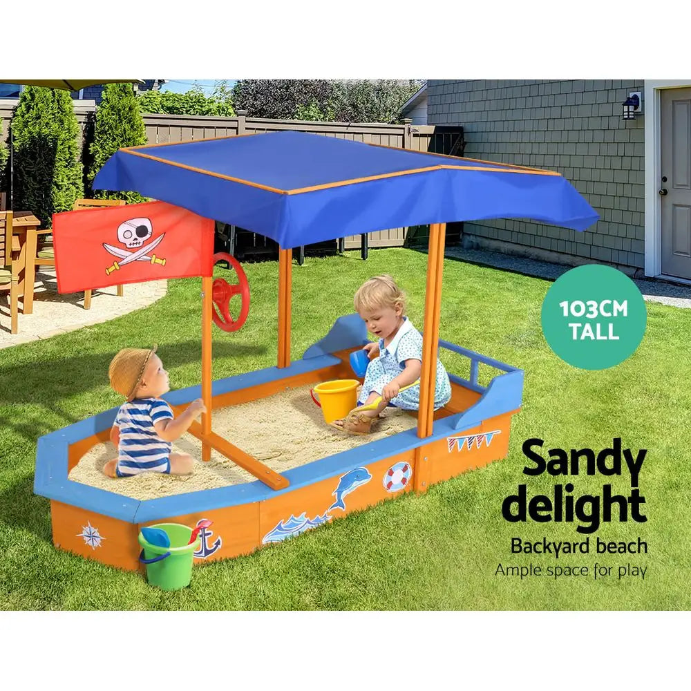 Keezi Kids Sandpit Wooden Boat Sand Pit with Canopy Bench Seat Beach Toys 150cm - Baby & Kids > Baby & Kid’s Toys >