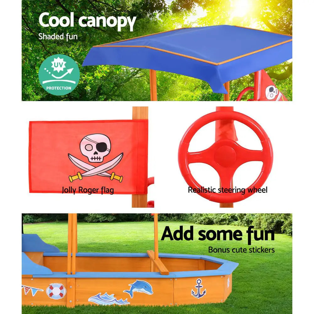 Keezi Kids Sandpit Wooden Boat Sand Pit with Canopy Bench Seat Beach Toys 150cm - Baby & Kids > Baby & Kid’s Toys >
