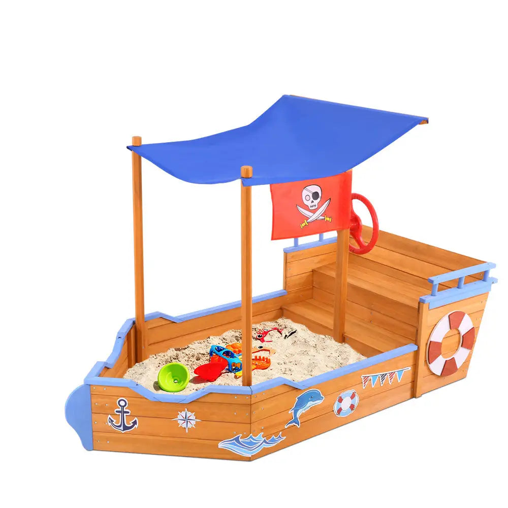 Keezi Kids Sandpit Wooden Boat Sand Pit with Canopy Bench Seat Beach Toys 165cm - Baby & Kids > Baby & Kid’s Toys >