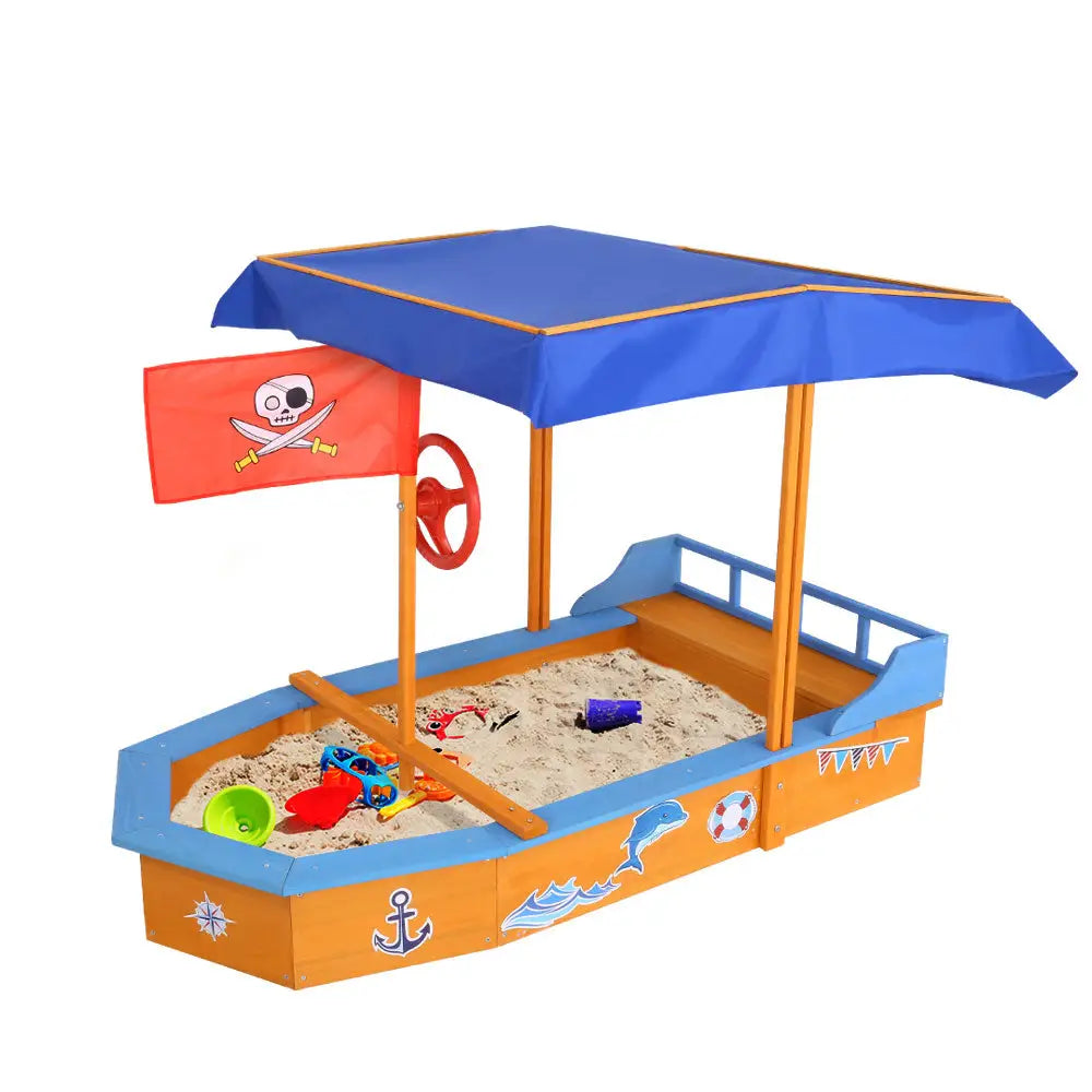 Keezi Kids Sandpit Wooden Boat Sand Pit with Canopy Bench Seat Beach Toys 150cm - Baby & Kids > Baby & Kid’s Toys >