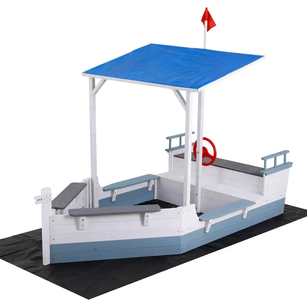 Keezi Kids Sandpit Wooden Box Boat Canopy Flag Outdoor Toys Children Blue - Baby & Kids > Baby & Kid’s Toys > Outdoor