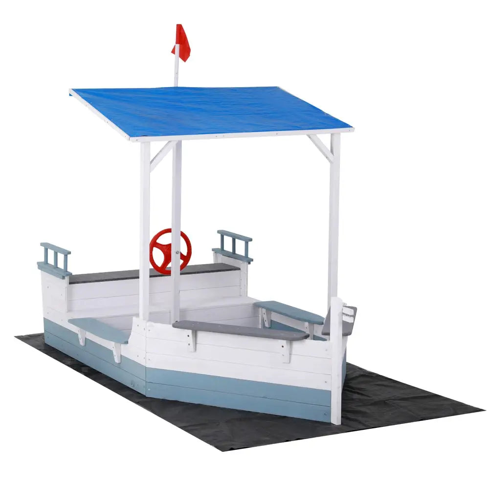 Keezi Kids Sandpit Wooden Box Boat Canopy Flag Outdoor Toys Children Blue - Baby & Kids > Baby & Kid’s Toys > Outdoor