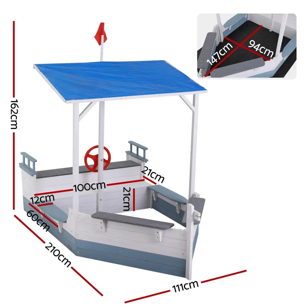 Keezi Kids Sandpit Wooden Box Boat Canopy Flag Outdoor Toys Children Blue - Baby & Kids > Baby & Kid’s Toys > Outdoor