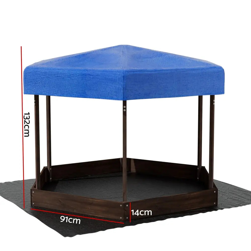 Keezi Kids Sandpit Wooden Hexagon Sand Pit with Canopy Outdoor Beach Toys 182cm - Baby & Kids > Baby & Kid’s Toys >