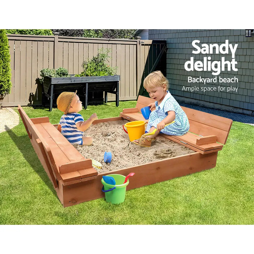 Keezi Kids Sandpit Wooden Sandbox Sand Pit Foldable Seat Outdoor Beach Toys 90cm - Baby & Kids > Baby & Kid’s Toys >