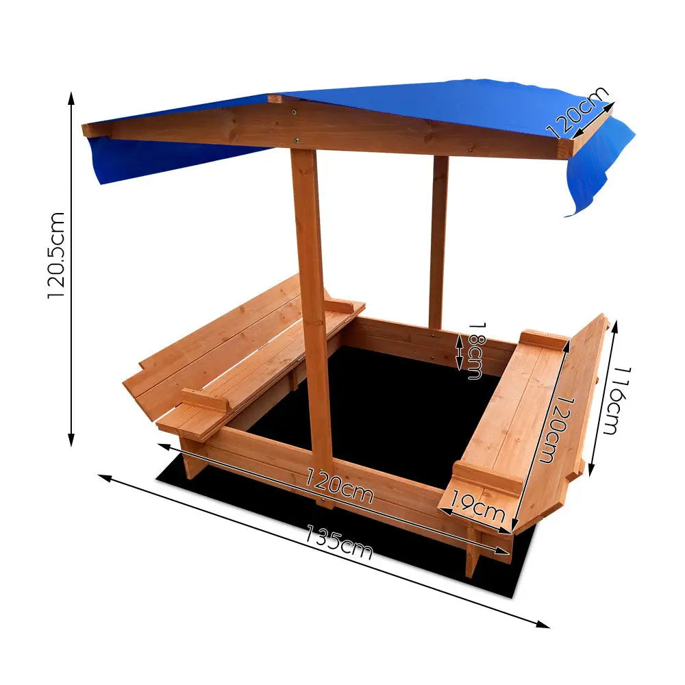 Keezi Kids Sandpit Wooden Sandbox Sand Pit with Canopy Foldable Seat Toys 120cm - Baby & Kids > Baby & Kid’s Toys >