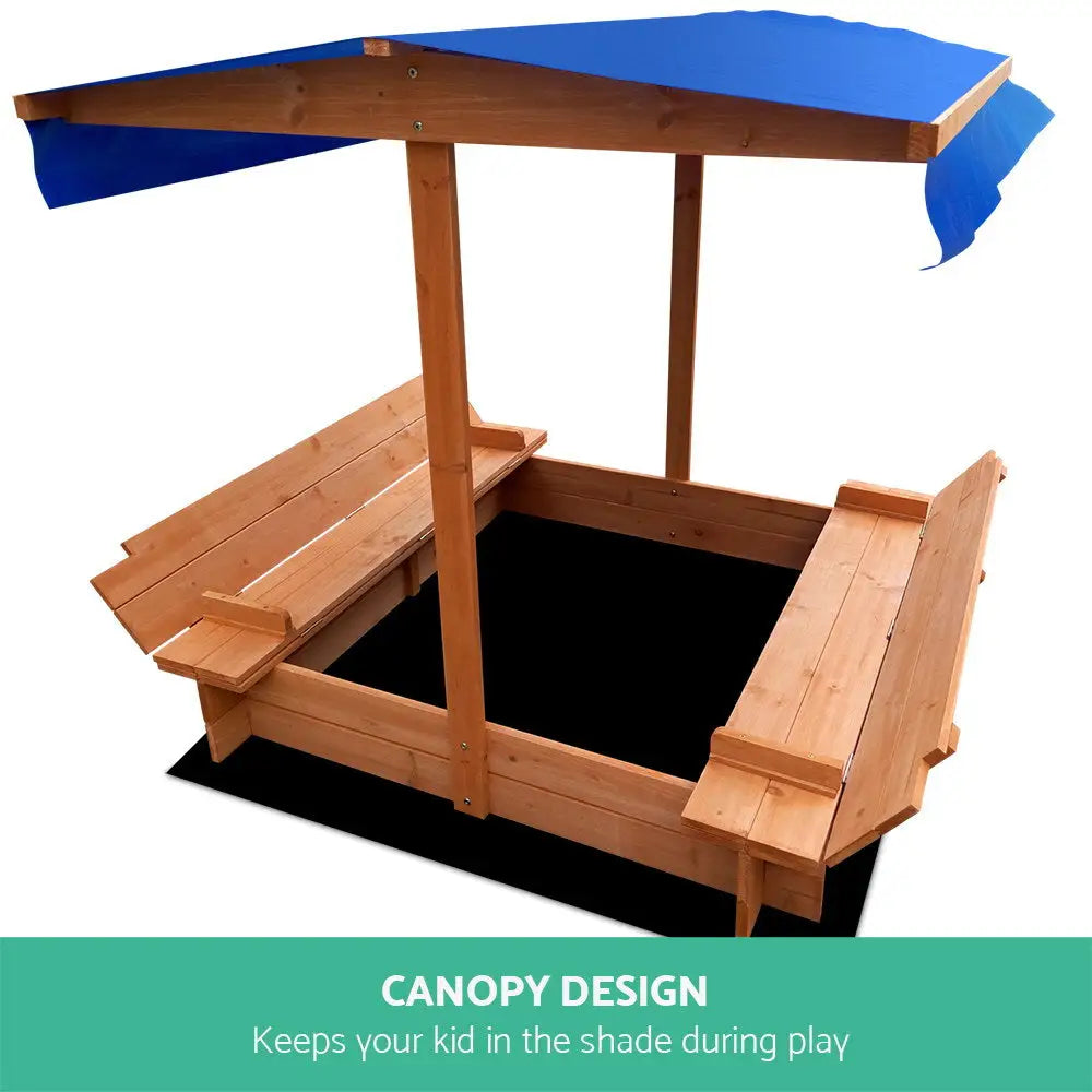 Keezi Kids Sandpit Wooden Sandbox Sand Pit with Canopy Foldable Seat Toys 120cm - Baby & Kids > Baby & Kid’s Toys >