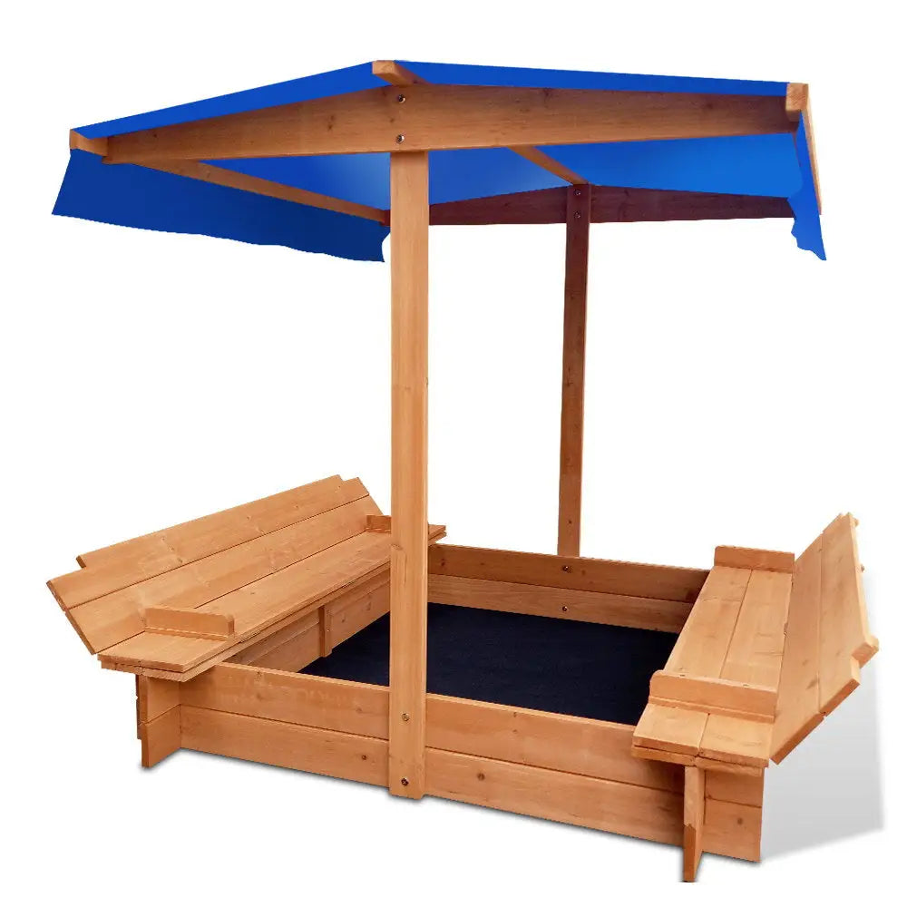 Keezi Kids Sandpit Wooden Sandbox Sand Pit with Canopy Foldable Seat Toys 120cm - Baby & Kids > Baby & Kid’s Toys >