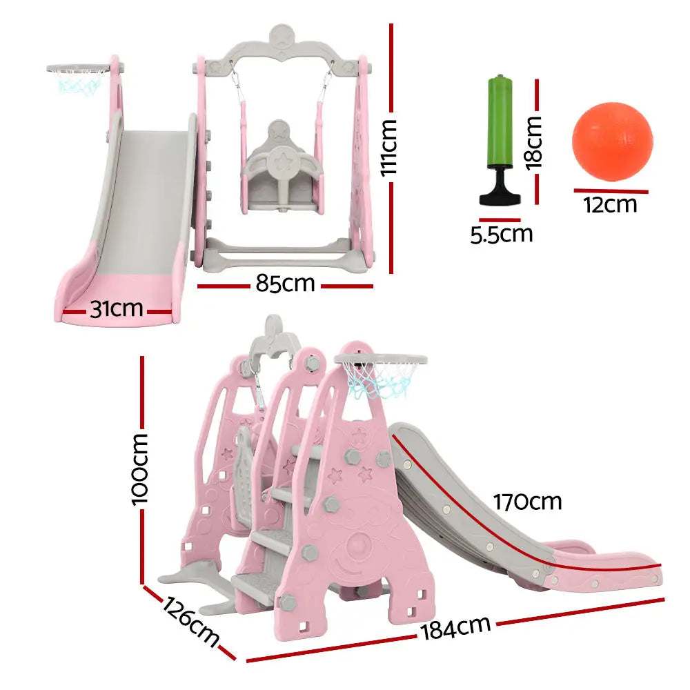 Keezi Kids Slide Swing Set Basketball Hoop Outdoor Playground Toys 170cm Pink - Baby & Kids > Baby & Kid’s Toys >