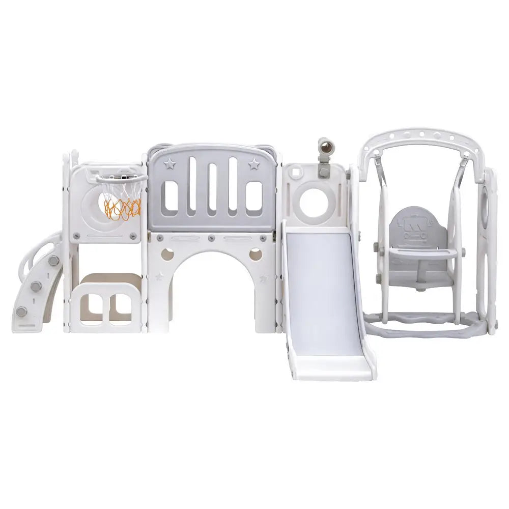 Keezi Kids Slide Swing Set Basketball Hoop Ring Football Outdoor Toys 132cm grey - Baby & Kids > Baby & Kid’s Toys >
