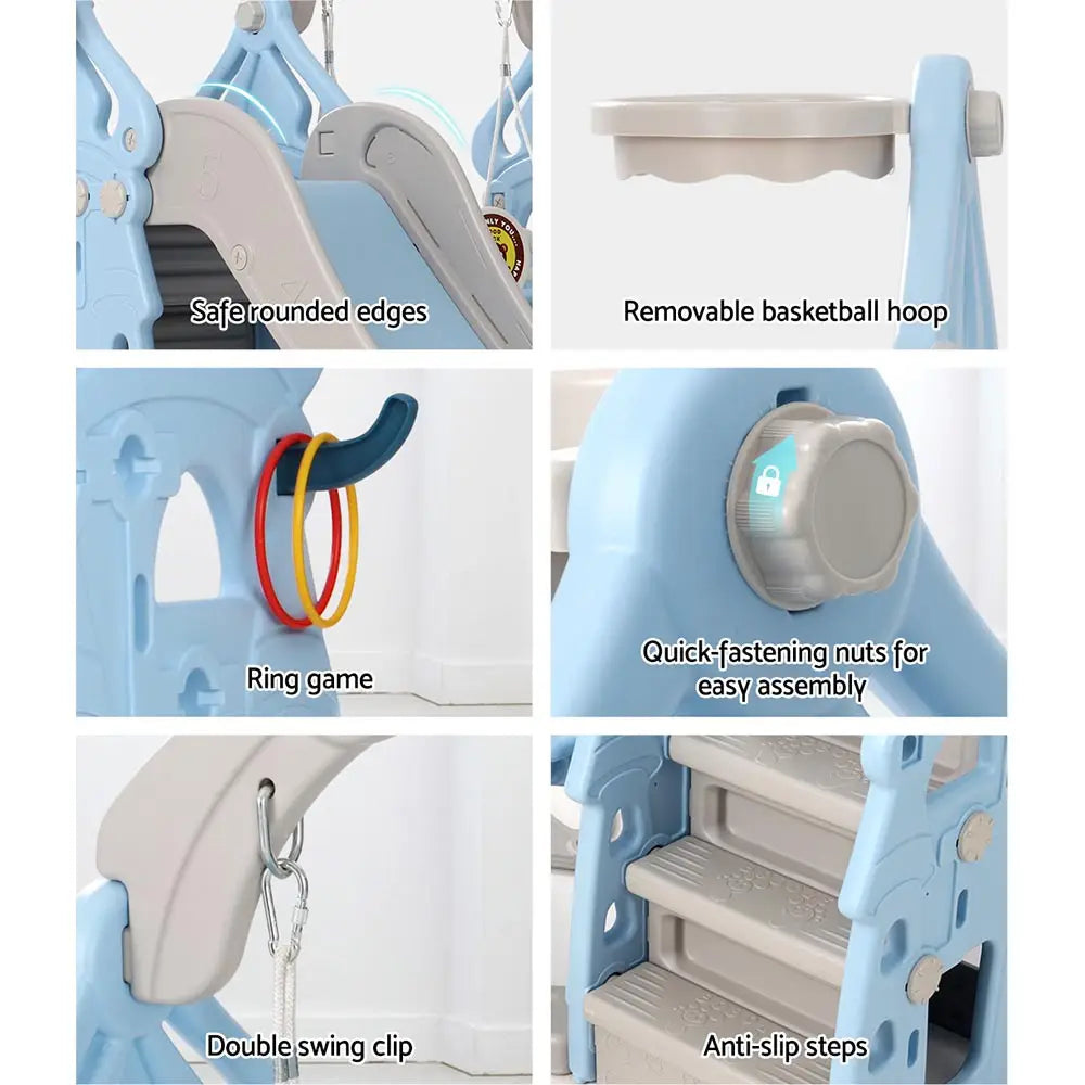 Keezi Kids Slide Swing Set Basketball Hoop Rings Outdoor Playground 170cm Blue - Baby & Kids > Baby & Kid’s Toys >