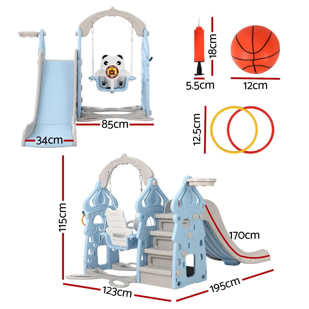 Keezi Kids Slide Swing Set Basketball Hoop Rings Outdoor Playground 170cm Blue - Baby & Kids > Baby & Kid’s Toys >