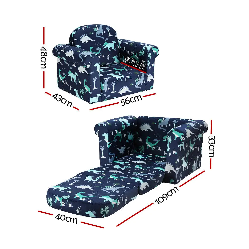 Keezi Kids Sofa 2 Seater Children Flip Open Couch Lounger Armchair Dinosaur Navy - Baby & Kids > Kid’s Furniture