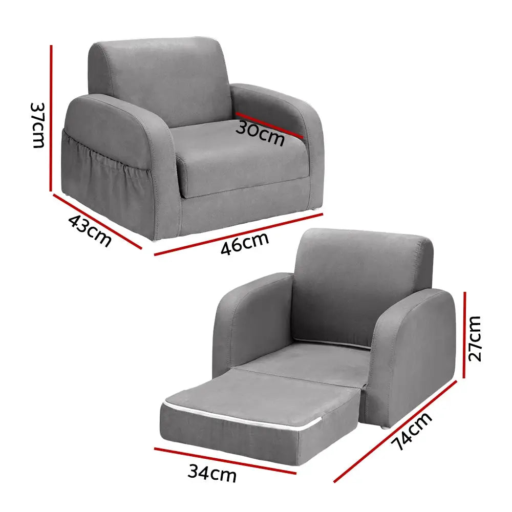 Keezi Kids Sofa 2 Seater Children Flip Open Couch Lounger Armchair Soft Grey - Baby & Kids > Kid’s Furniture