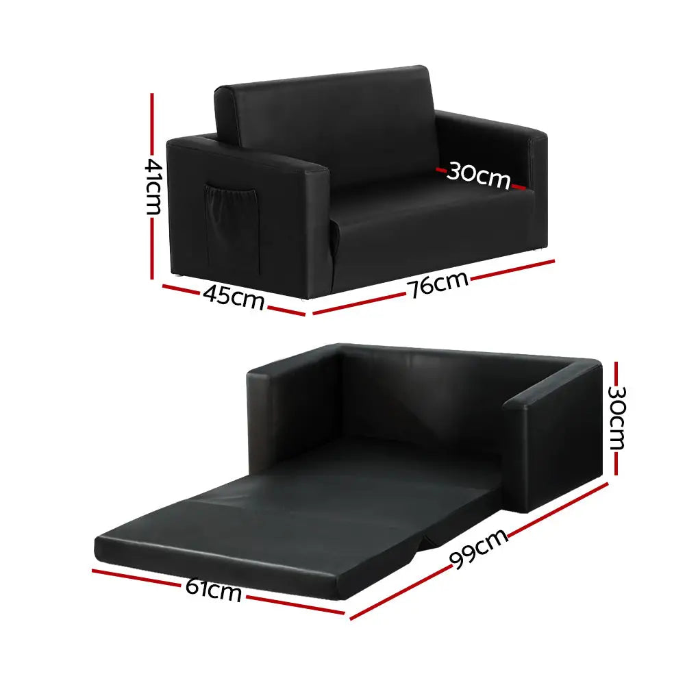 Keezi Kids Sofa 2 Seater Children Flip Open Couch PU Leather Armchair Black - Baby & Kids > Kid’s Furniture