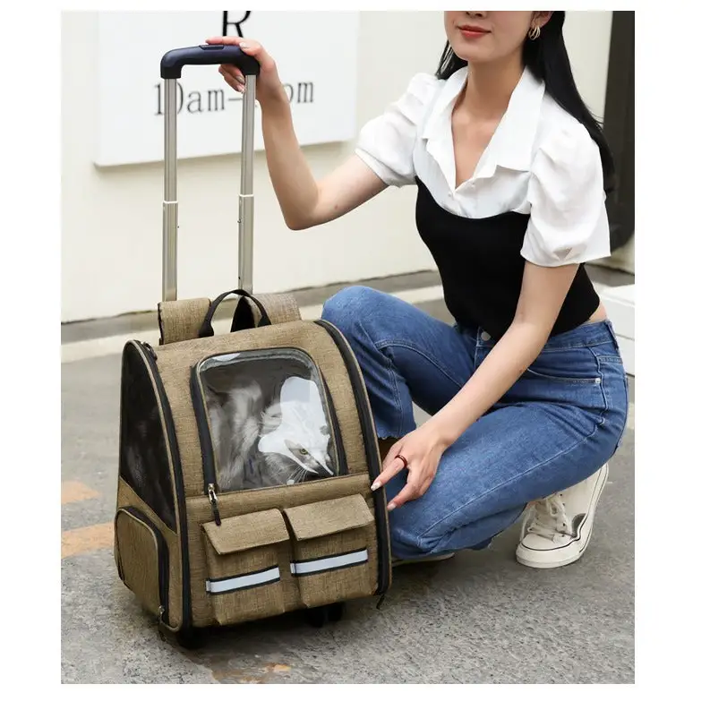 khaki 3-in-1 Pet Carrier: Rolling Backpack with Collapsible Design - Pet Care > Cat Supplies > Cat Carriers & Crates