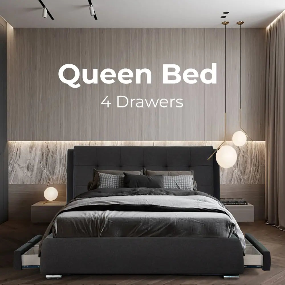 Kiama Queen Size Bed Frame Timber Mattress Base With Storage Drawers - Grey - Furniture > Bedroom > Beds & Bed Frames