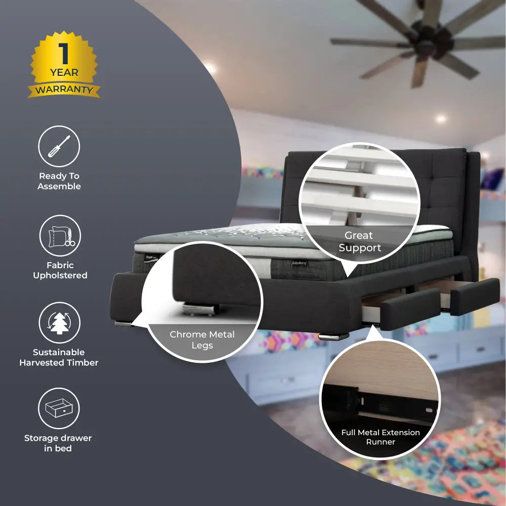 Kiama Queen Size Bed Frame Timber Mattress Base With Storage Drawers - Grey - Furniture > Bedroom > Beds & Bed Frames