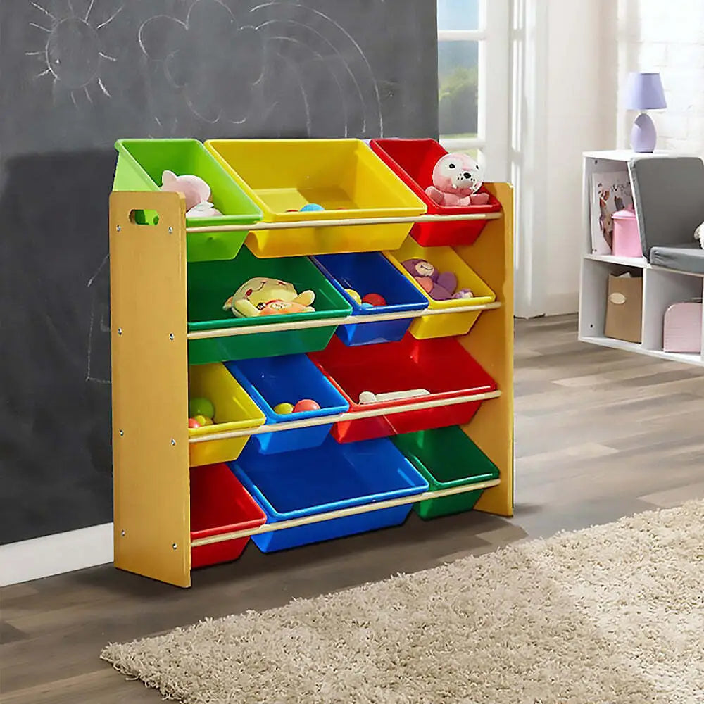 Kids Organiser Shelf Storage Rack for Toys - 12 Multicoloured Bins - Baby & Kids > Kid’s Furniture
