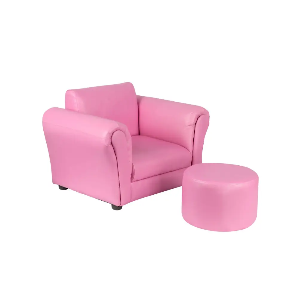 Kids Pink Couch Sofa Chair w/ Footstool in PU Leather - Baby & Kids > Kid’s Furniture