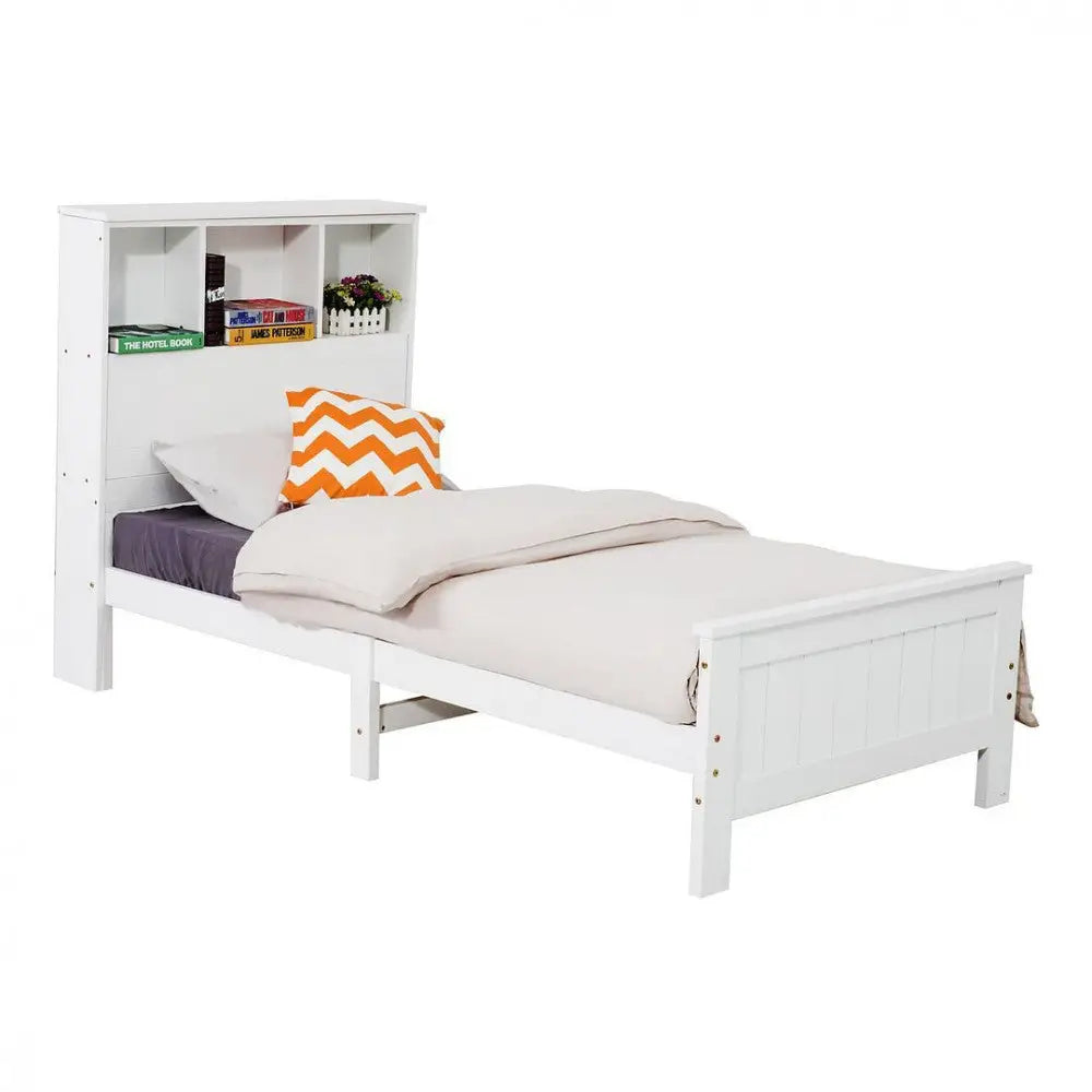 King Single Solid Pine Timber Bed Frame with Bookshelf Storage Headboard- White - Baby & Kids > Kid’s Furniture