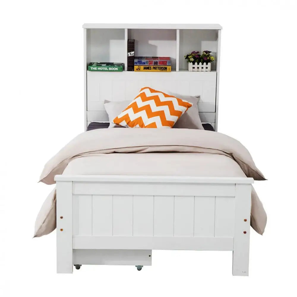 King Single Solid Pine Timber Bed Frame with Bookshelf Storage Headboard- White - Baby & Kids > Kid’s Furniture
