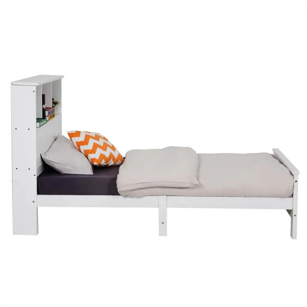 King Single Solid Pine Timber Bed Frame with Bookshelf Storage Headboard- White - Baby & Kids > Kid’s Furniture