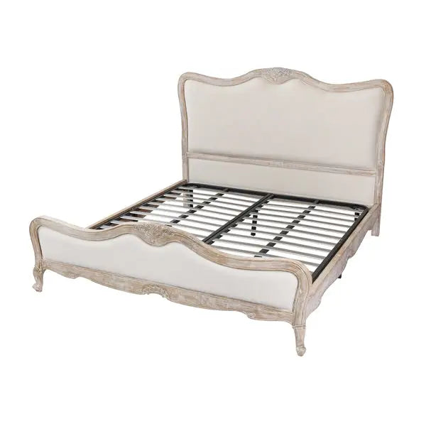 King Size Bed Frame Linen Fabric Beige Oak Wood White Washed Finish Slat Base Mattress Support - Furniture > Mattresses