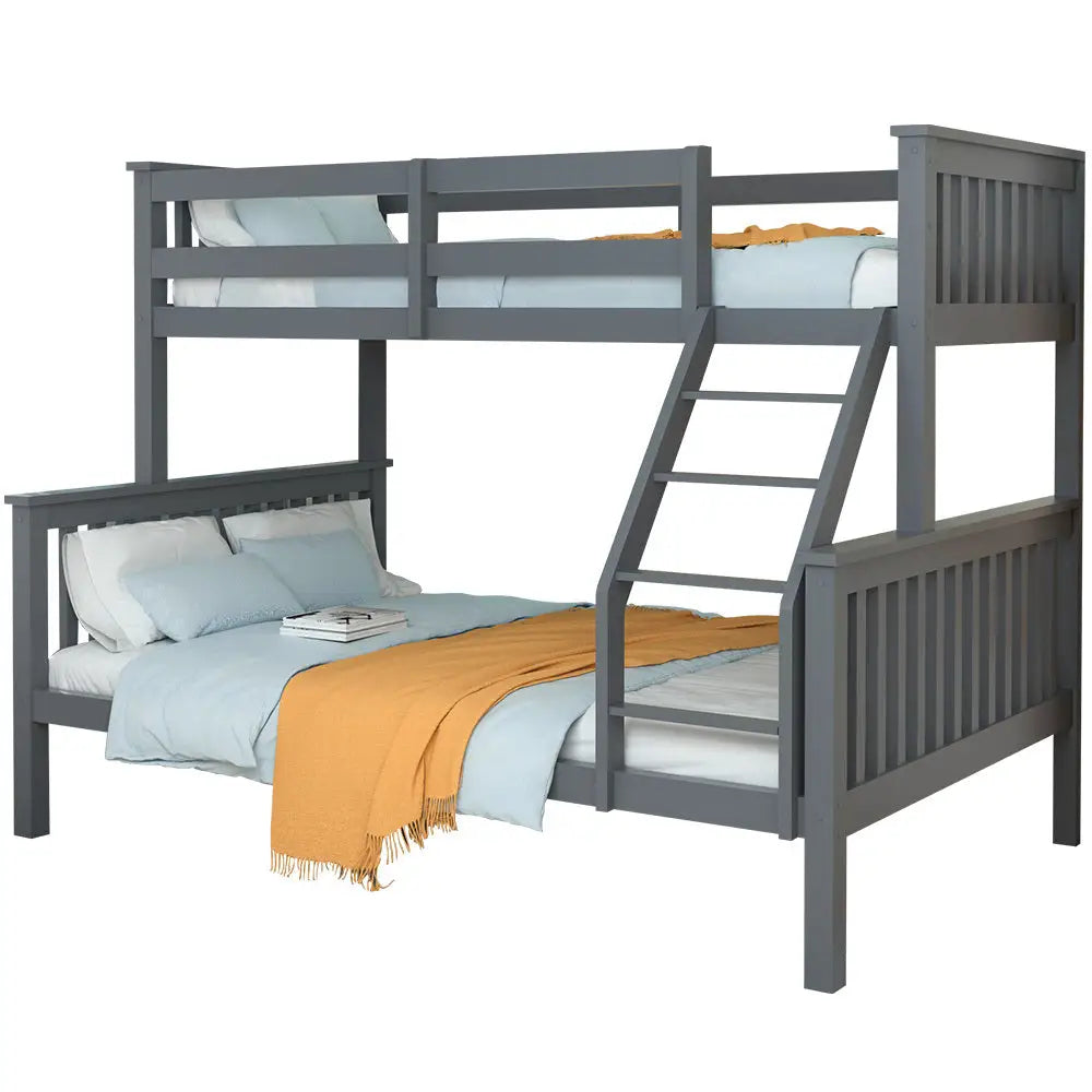 KINGSTON 2in1 Single on Double Bunk Bed Kids Solid Wood Timber Loft Furniture Slats Grey - Furniture > Bedroom > Beds &
