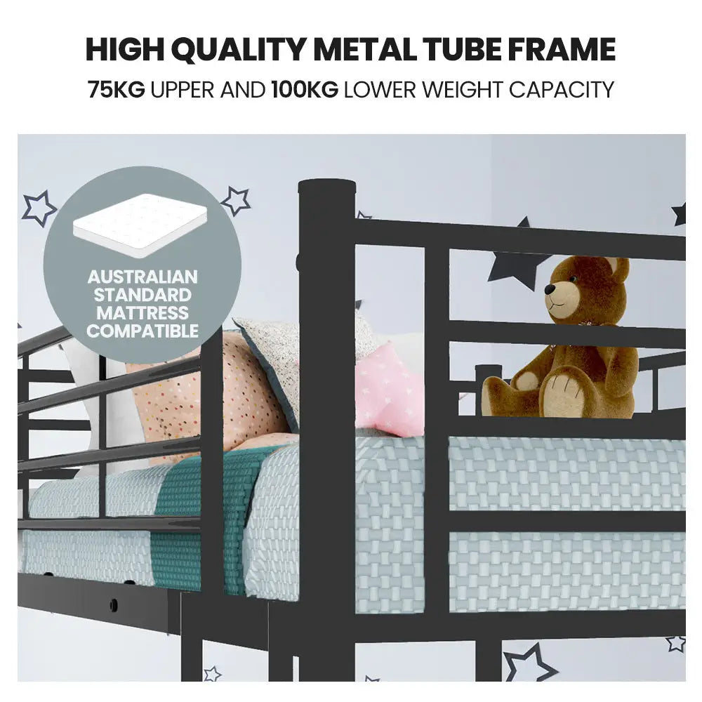 Kingston Slumber 2in1 Single Metal Bunk Bed Frame with Modular Design Dark Matte Grey - Furniture > Bedroom > Beds &