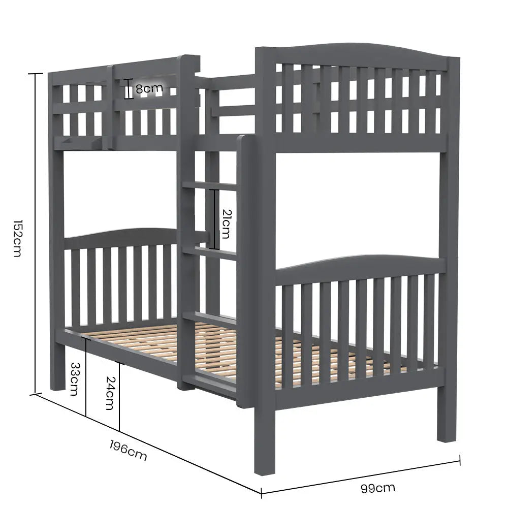 Kingston Slumber Single Bunk Bed Frame Solid Pine Wood Timber Modular Design Grey - Furniture > Bedroom > Beds & Bed