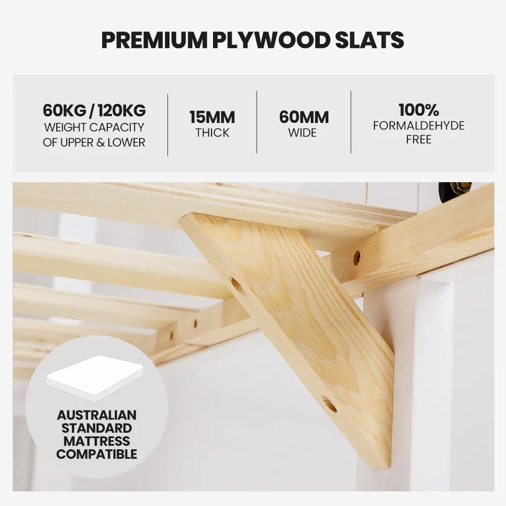 Kingston Slumber Wooden Kids Bunk Bed Frame with Modular Design that can convert to 2 Single White - Furniture >
