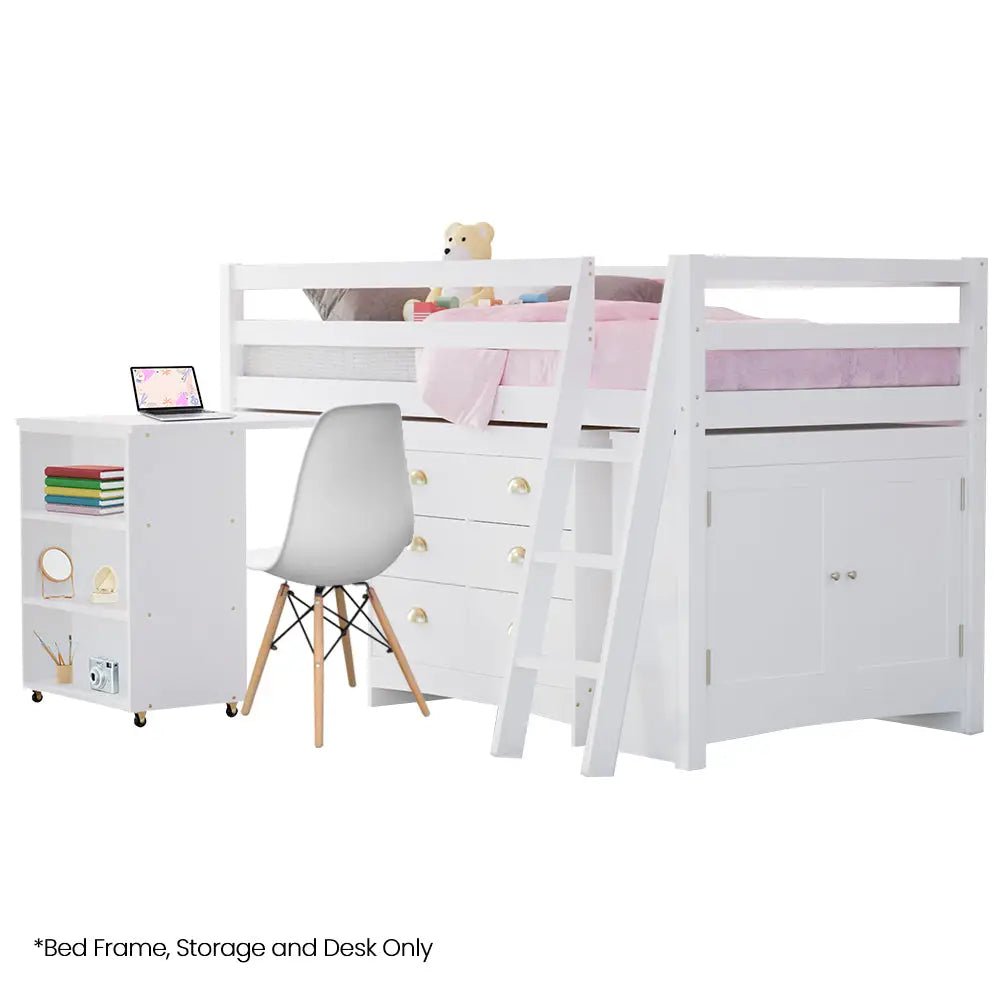 KINGSTON SLUMBER Wooden Kids Single Loft Bed Frame with Pull Out Desk Storage Drawers Cabinet - White - Furniture >